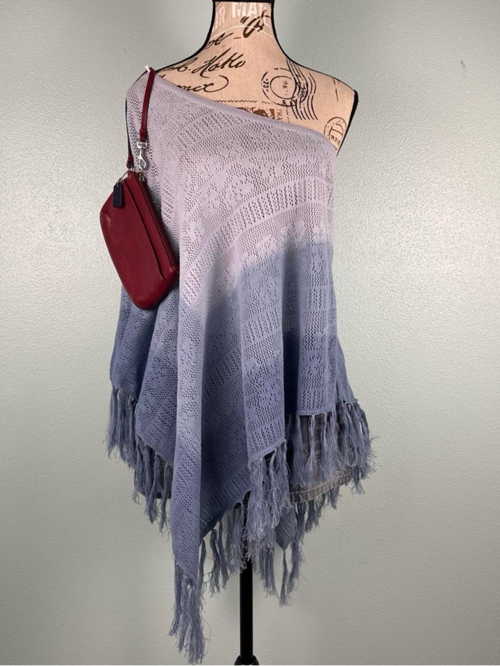 Tiered Blue Boho Wide Neck Fringe Poncho One Size